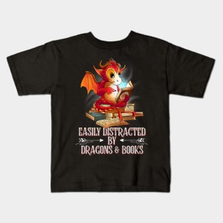 easily distracted by Dragon and Books nerds Kids T-Shirt